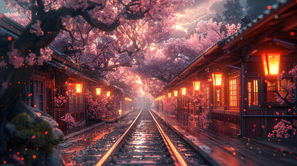 Cherry Blossom Train Tracks 3D Illustration