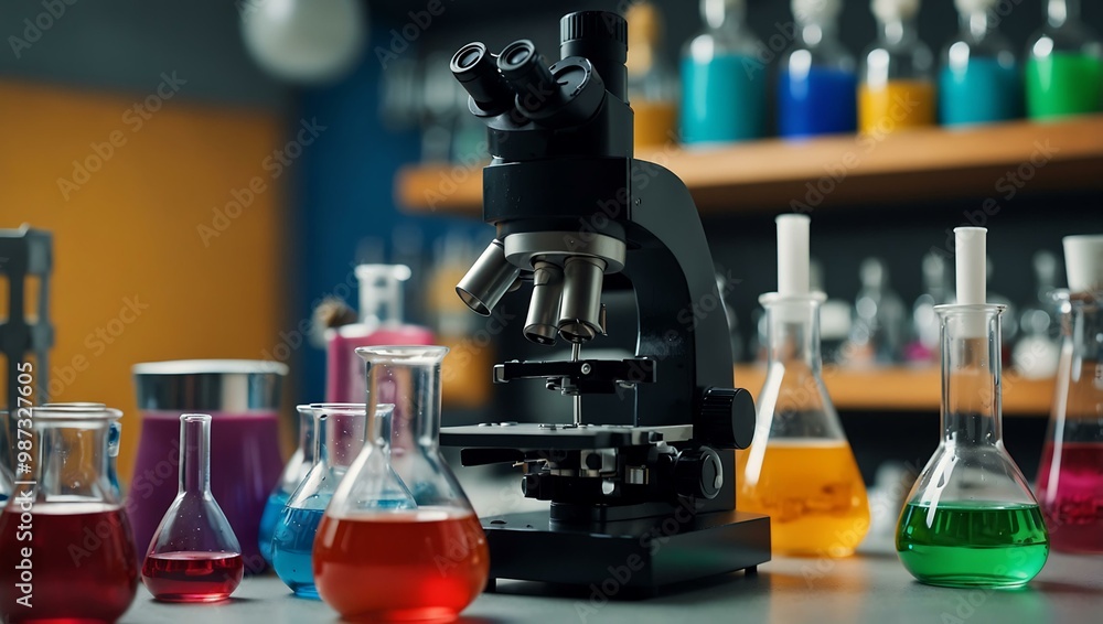 Poster a vibrant lab scene features a microscope surrounded by colorful flasks.