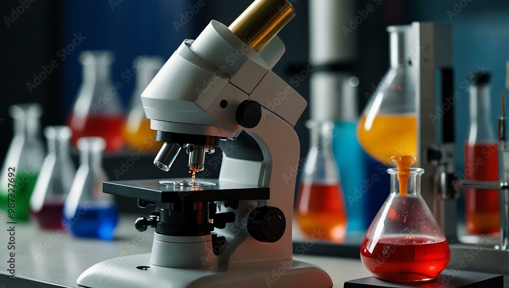 Poster a vibrant lab scene features a microscope surrounded by colorful flasks.