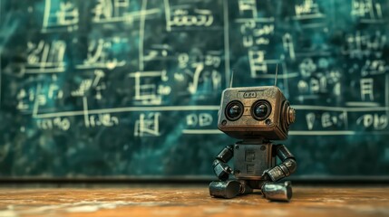 A small, rusty robot sits on a wooden floor in front of a chalkboard filled with scribbles.