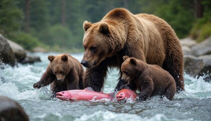 Obraz premium Brown bear family catching salmon in a river