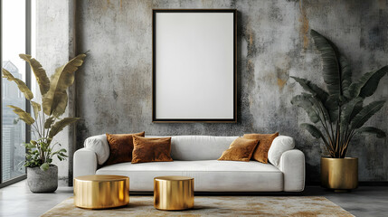 Modern Living Room with White Sofa and Golden Accents 3D Illustration