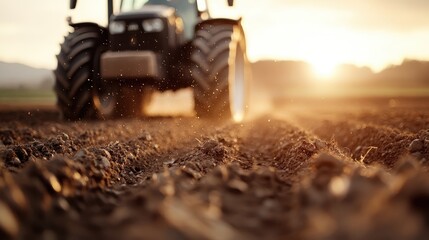 A close-up view of a tractor's tire treads moving through dirt-filled farmland, showcasing the intricate designs of the treads and the tractor's engagement with the soil.