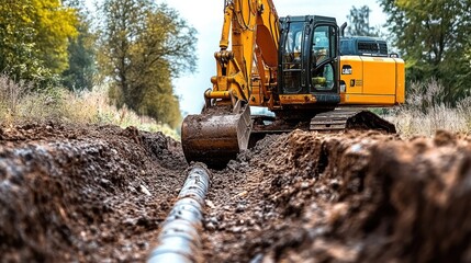 A construction site with an excavator digging a trench for piping installation.