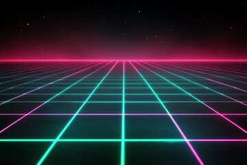 Retro futuristic grid landscape with neon lights, glowing pink and blue lines, and a dark starry sky in the background. Perfect for 80s aesthetics.