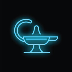 Neon blue icon of aladdin lamp glowing on black background