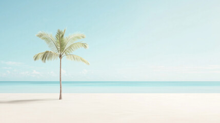 tranquil beach scene with soft white sand and a single palm tree, framed by calm turquoise waters, embodying the essence of a relaxing getaway in a minimalist style photo