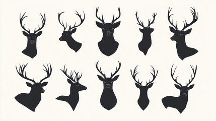 Naklejka premium A collection of 10 black silhouette deer heads with antlers, isolated on a white background.