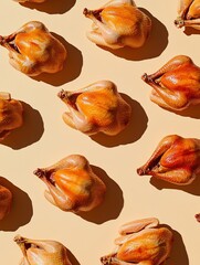 Symmetrically arranged roast turkeys with shadow effects on a soft beige background. Perfect for product designs, branding, wallpaper, or backdrop.Gastronomy,minimalism.