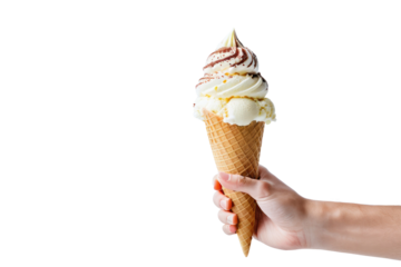 Single hand gripping a soft ice cream cone, centered in frame, against an immaculate white background, high key lighting, sharp focus, isolated, clean minimalistic design, macro shot, soft textures