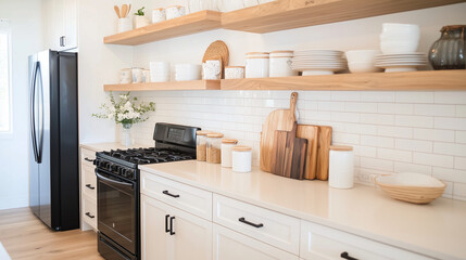 chic kitchen showcasing white cabinets, black appliances, and wooden shelves adorned with decorative items, creating a harmonious balance of modern aesthetics and functionality pho