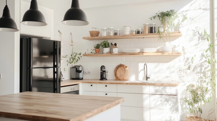chic kitchen showcasing white cabinets, black appliances, and wooden shelves adorned with decorative items, creating a harmonious balance of modern aesthetics and functionality pho
