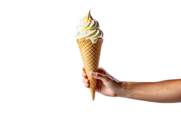 Single hand gripping a soft ice cream cone, centered in frame, against an immaculate white background, high key lighting, sharp focus, isolated, clean minimalistic design, macro shot, soft textures