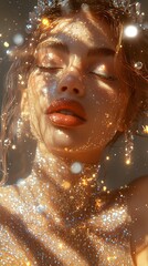 A close-up of an Instagram model with glittery makeup, wearing a sparkly dress and tiara, looks dreamy and romantic