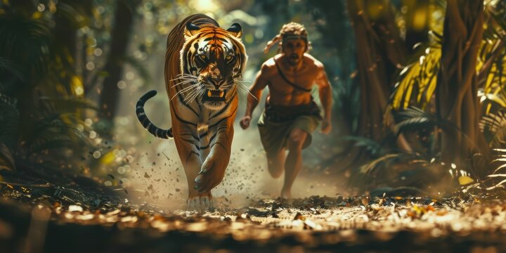 Man Running From Tiger in Jungle