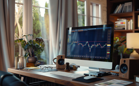 Modern computer with stock market trading graph on screen in home office