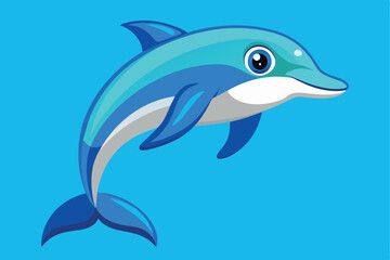 Fototapeta premium Illustration of a vibrant blue cartoon dolphin set against a light blue background.