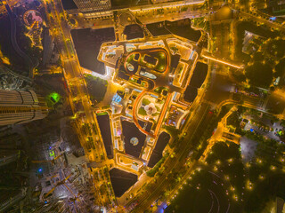 Aerial view of Shanghai Downtown skyline, highway roads or street . Financial district and high-rise buildings at night