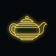 Yellow neon sign of a classic teapot with stripes, glowing on a black background