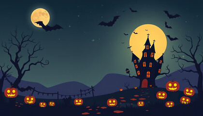 A Halloween scene with a castle and bats flying in the sky