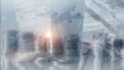 Abstract business background, modern cities and people silhouettes.