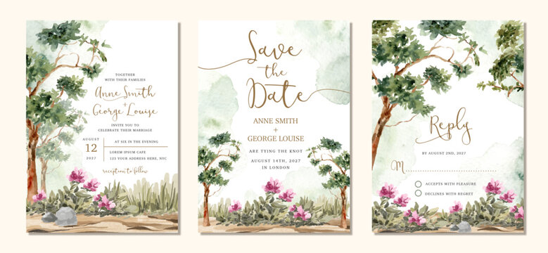wedding invitation set with landscape tree and flower bushes watercolor background