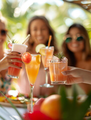 Group of friends enjoying vibrant cocktails in an outdoor setting, capturing the essence of summer celebrations and social gatherings.