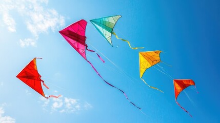 Colorful kites with long tails floating in a bright blue sky, against a backdrop of clear skies