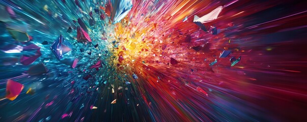 Vibrant explosion of multicolor shards, creating a stunning abstract backdrop full of dynamic energy and vibrant hues.