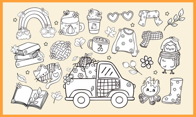 Groovy Retro Fall Vibe Cozy Autumn Pumpkin Spice Outline Coloring Page Doodle Clipart Set