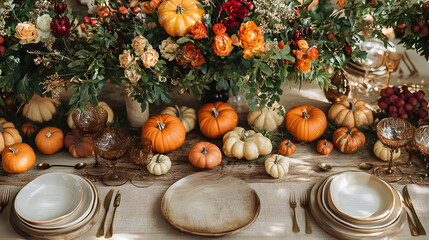 A beautifully arranged fall table setting with vibrant pumpkins, floral decor, and elegant plates, perfect for autumn gatherings.