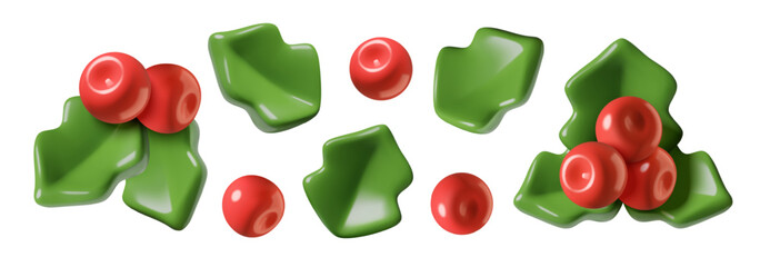 Christmas holly berry 3d vector elements set. Three dimensional winter holiday plant branches and leaves in a cute minimal plastic toy style. © Anastasiia