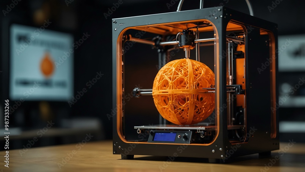 Poster Advanced 3D printer creating an orange model, showcasing innovation.