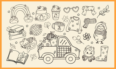 Groovy Retro Fall Vibe Cozy Autumn Pumpkin Spice Outline Doodle Clipart Set