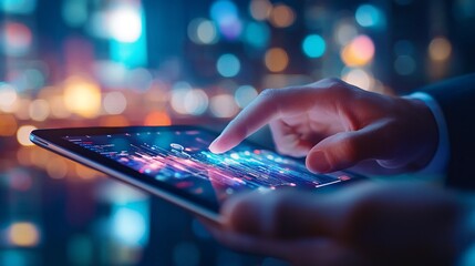 Businessperson Using Tablet With Financial Analytics and Data Visualization