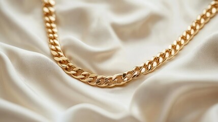 Elegant close-up of a gold chain necklace lying on white textured fabric, luxurious and detailed