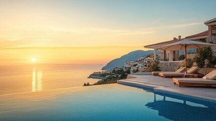 Fototapeta premium Elegant resort pool facing the Mediterranean, with a golden sunset illuminating a coastal hillside village and tranquil waters.