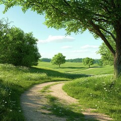 Obraz premium Serene dirt path winding through lush, green countryside under a bright blue sky with scattered clouds.