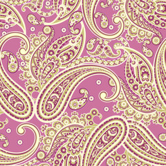 Digital vector textile print. Seamless Design suitable for covers, fabrics, textiles, wrapping paper, featuring an antique Thai pattern Paisley Indian motifs and decorative floral elements