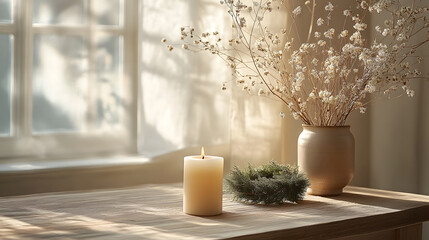 A serene interior scene featuring a candle, dried flowers, and soft light, creating a tranquil and cozy atmosphere.