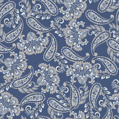 Digital vector textile print. Seamless Design suitable for covers, fabrics, textiles, wrapping paper, featuring an antique Thai pattern Paisley Indian motifs and decorative floral elements