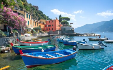 Fototapeta premium Sunny Italian Coastal Scene with Blooming Flowers and Vibrant Boats