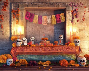 Vibrant Day of the Dead altar with skulls, candles, and marigolds in a rustic setting.