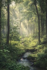 Serene forest with a gentle stream flowing through, bathed in soft morning light.