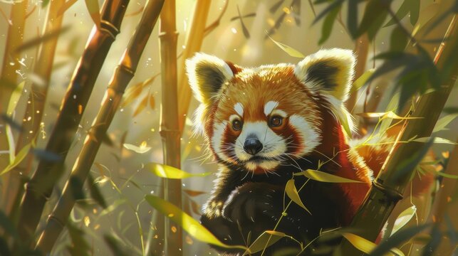 Adorable Red Panda Resting on Bamboo Branches in Lush Forest Habitat
