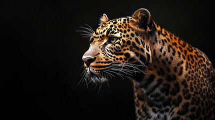 Obraz premium A close-up portrait of a leopard's face, looking to the side, set against a dark background.