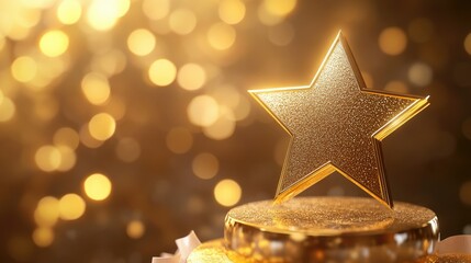 Golden star award on a raised podium, with ribbon elements and light effects in a bokeh-filled background