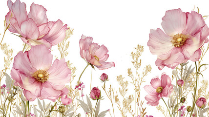 Watercolor floral pattern with delicate flowers. Ideal as a border or background for greeting cards, invitations, and decorative designs.