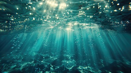Obraz premium Underwater portrait featuring serene marine life with sunlight shining through the water.