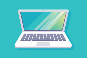 Illustration of an open laptop with a blue-green screen on a turquoise background.